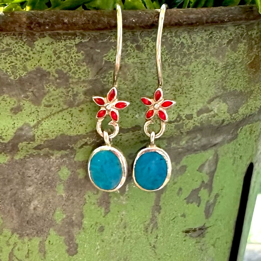 SU Earrings Sterling Silver Turquoise Red Enamel Floral Drop Dangle